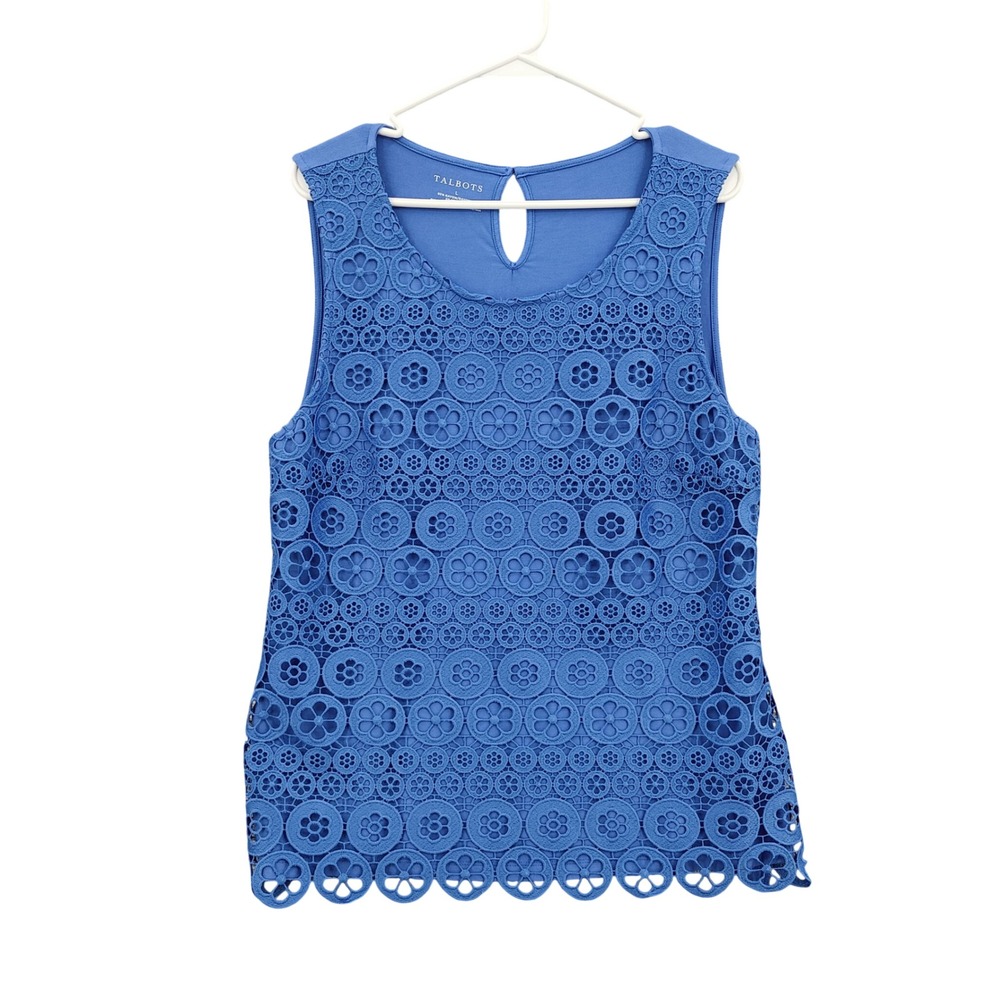 Talbots Womens Crochet Lace Overlay Preppy Tank Top L Blue Scalloped Hem Shell